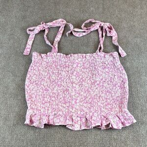 Lost + Wander Women's Tie Straps Ruffles Pink Floral Smocked Crop Top Size S NWT